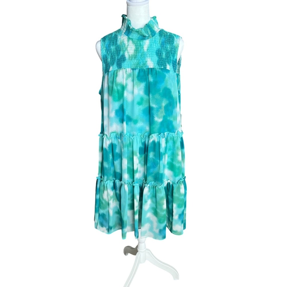 Taylor Women Green Blue Watercolor Smocked High Neck Tiered Dress 2937MY L NEW - Picture 1 of 7